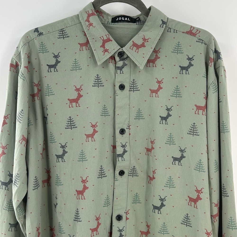 Jogal Mens XL Green Reindeer Christmas Tree Button Down Shirt Cotton Long Sleeve